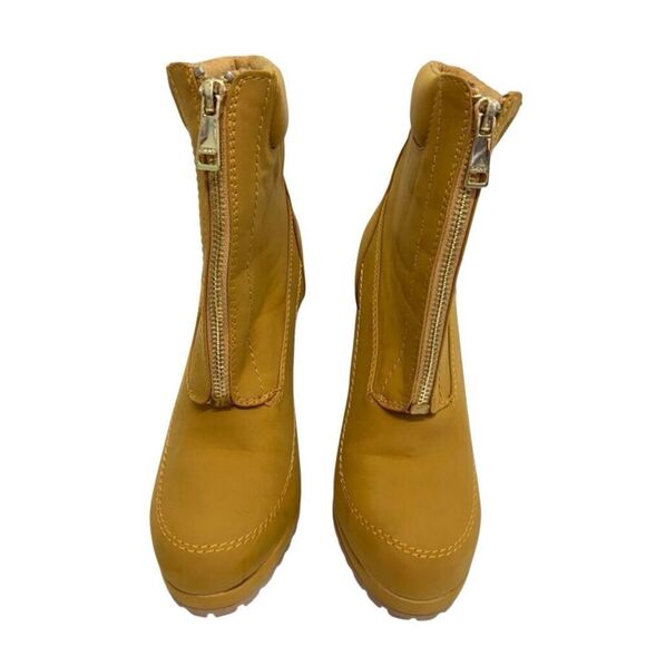 DKNY Booties Size 7.5 Gold Tone Chunky Heel Platform Sole Front Zip Boots - Picture 4 of 9